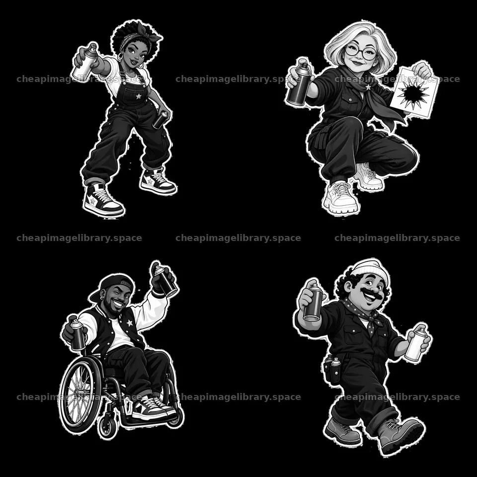 Patriotic graffiti sprayers in monochrome cartoon style – image library 7746x7746