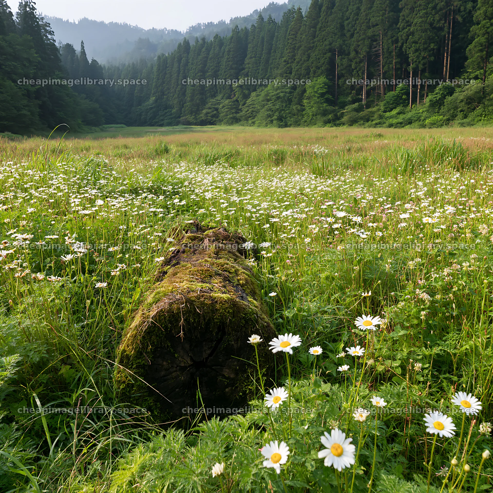 Gifu low carbon meadow with mossy log and wildflowers – image library 7938x7938