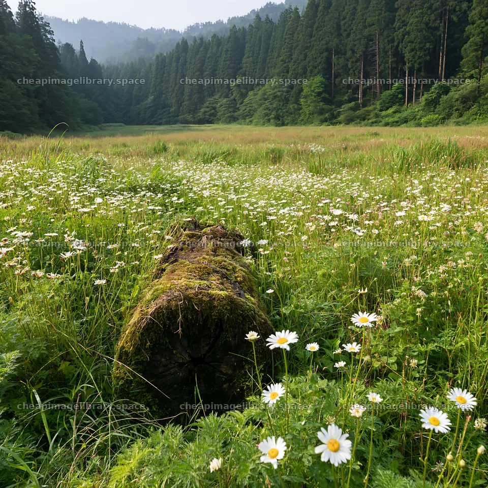 Gifu low carbon meadow with mossy log and wildflowers – image library 7938x7938
