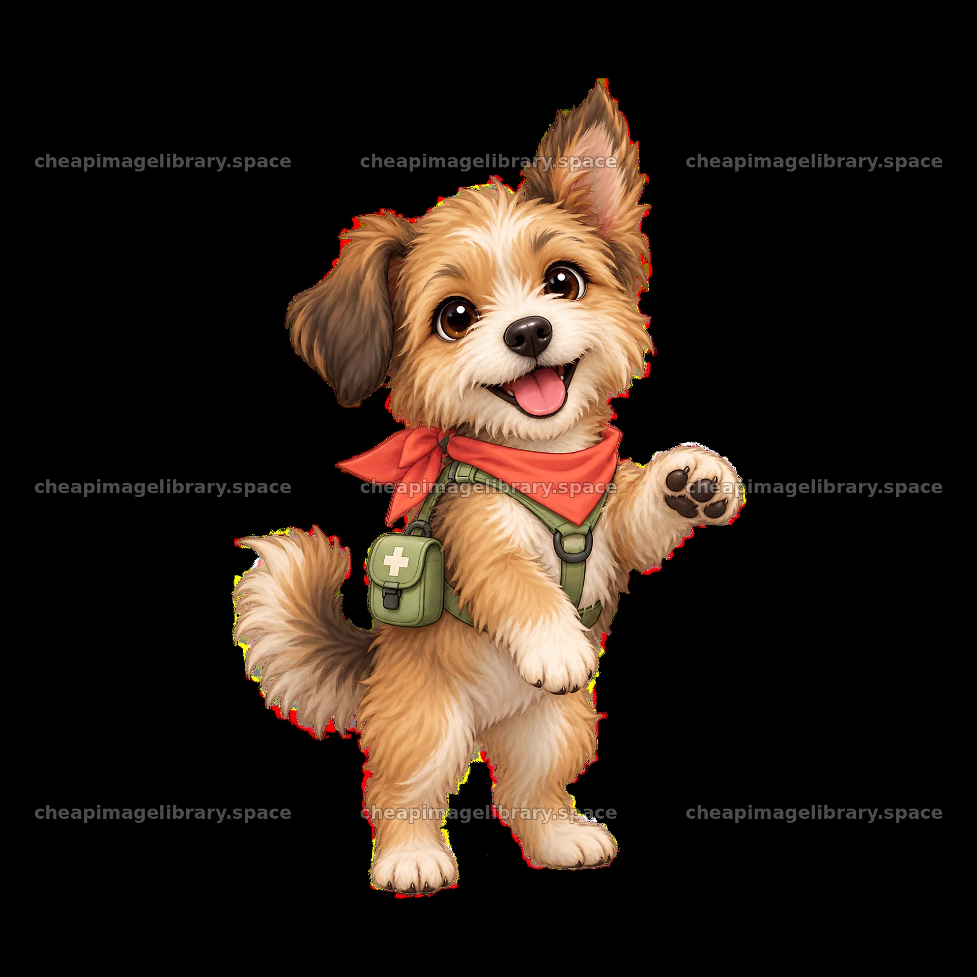 K-9 dog wearing scarf and carrying small medical bag – image library 7746x7746