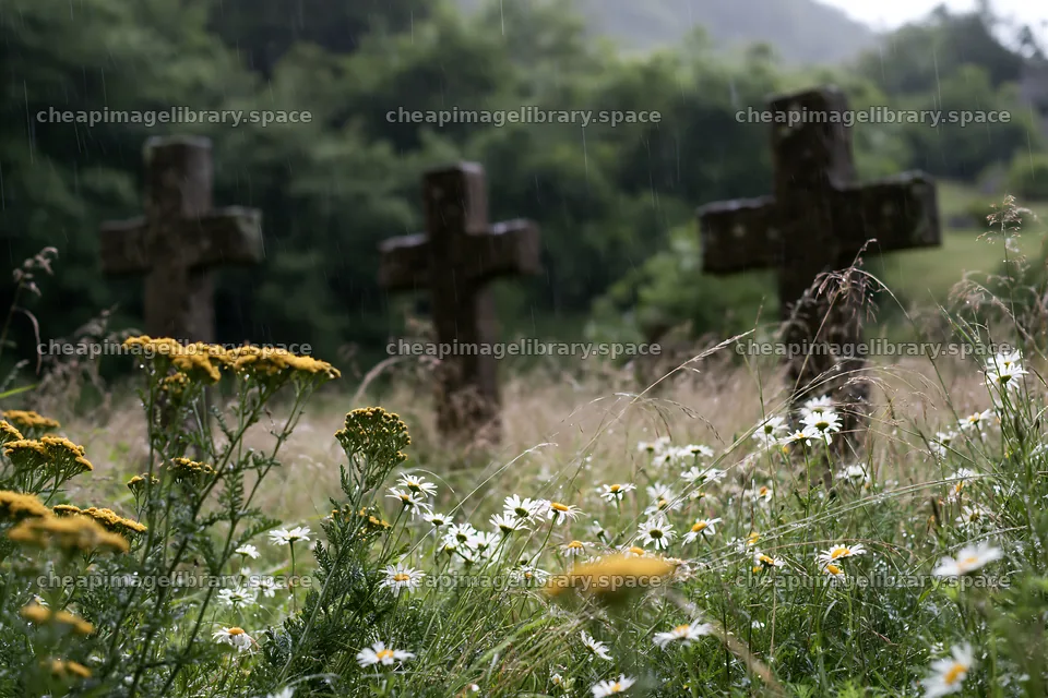 Christian crosses in rain soaked meadow with flowers – image library 9722x6480