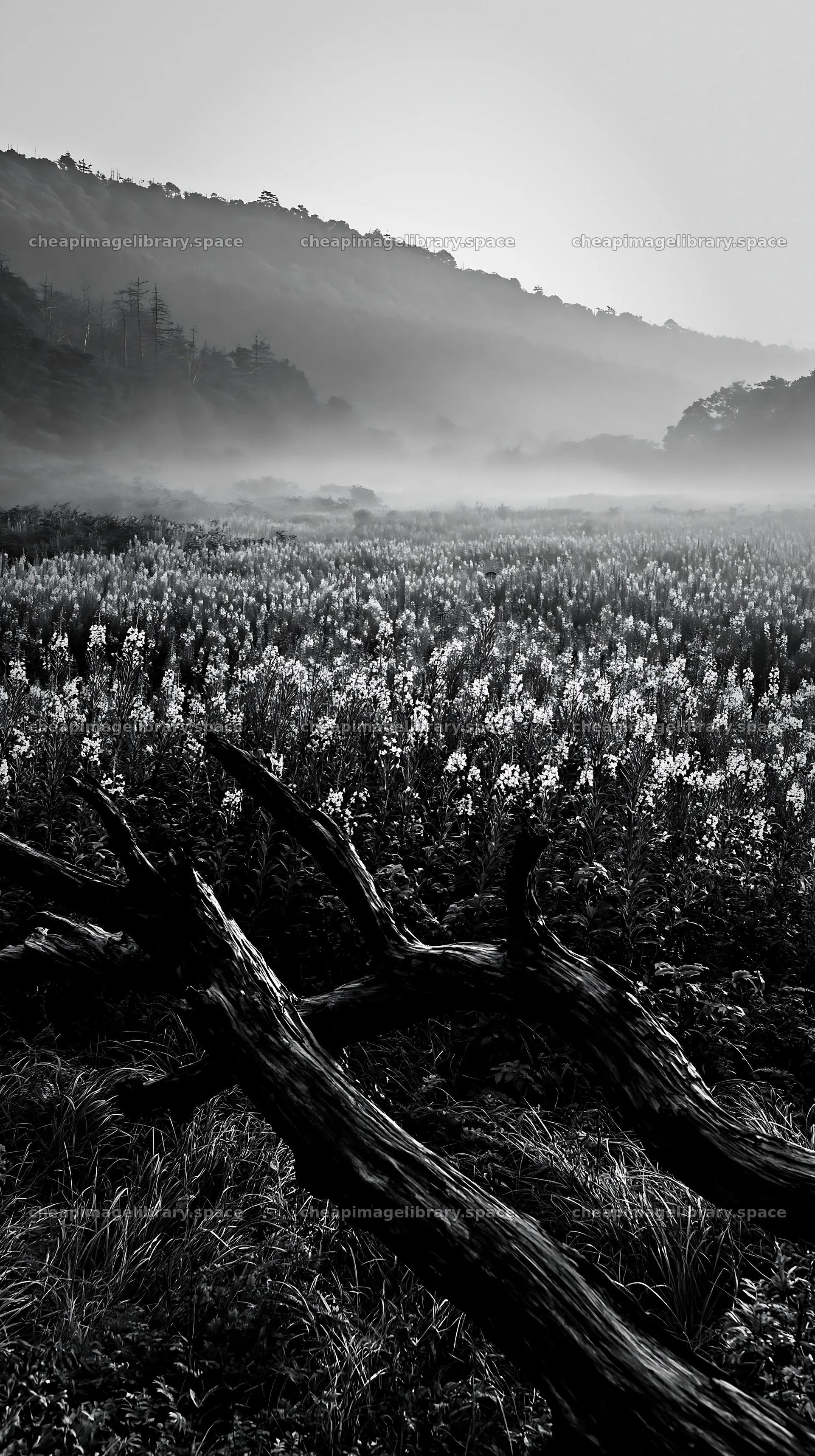 Yamagata rewilded meadow with fallen branch in foreground – image library 5938x10608