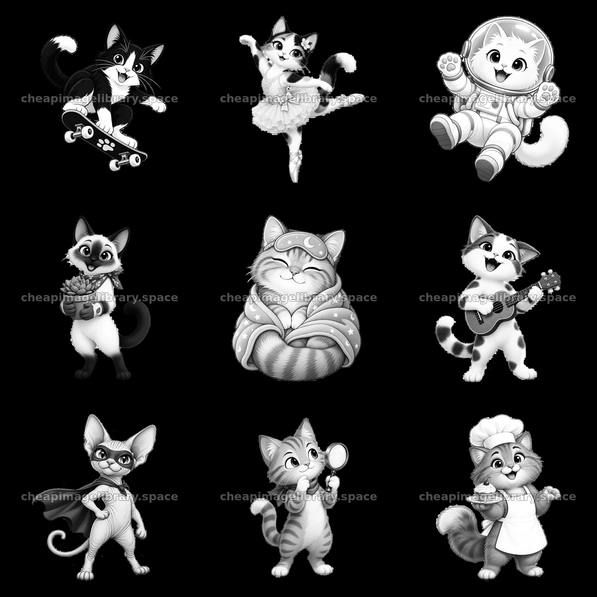 Cartoon cat characters engaging in different activities – image library 7746x7746