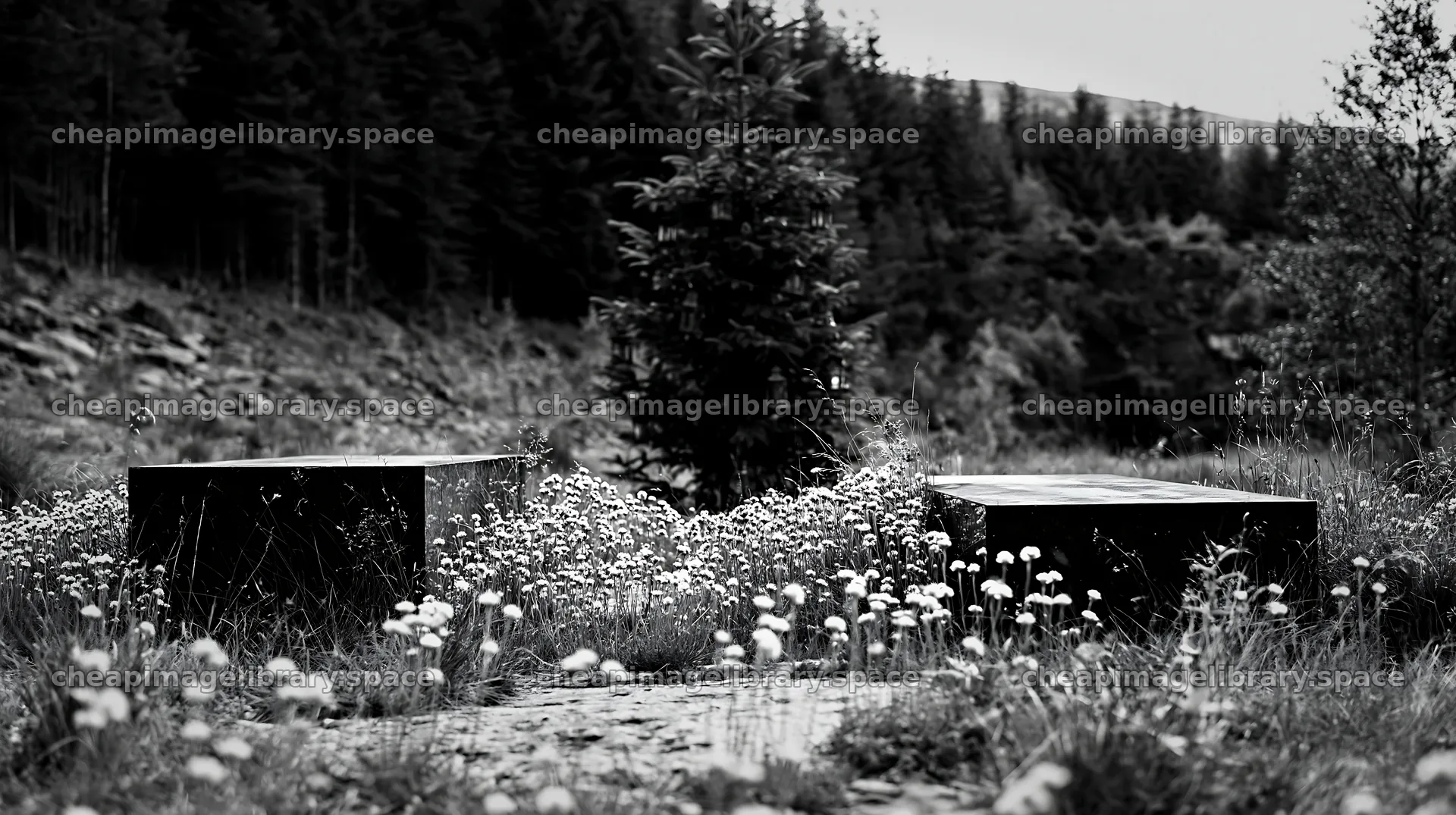 Christmas tree with lanterns in meadow by cave – image library 10608x5938