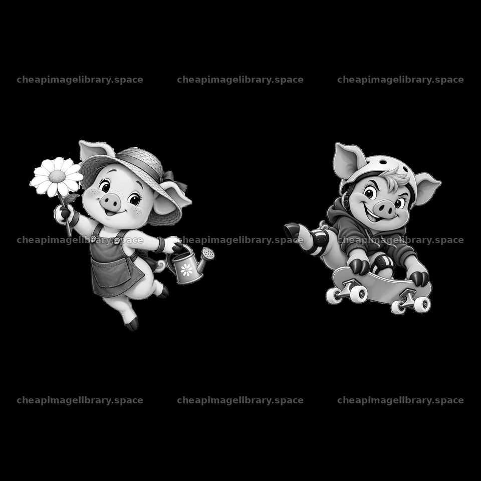 Pig characters in hats performing gardening and skating activities – image library 7746x7746