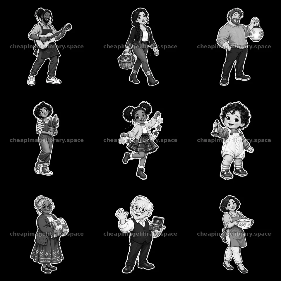 Black and white cartoon family characters doing activities – image library 7746x7746