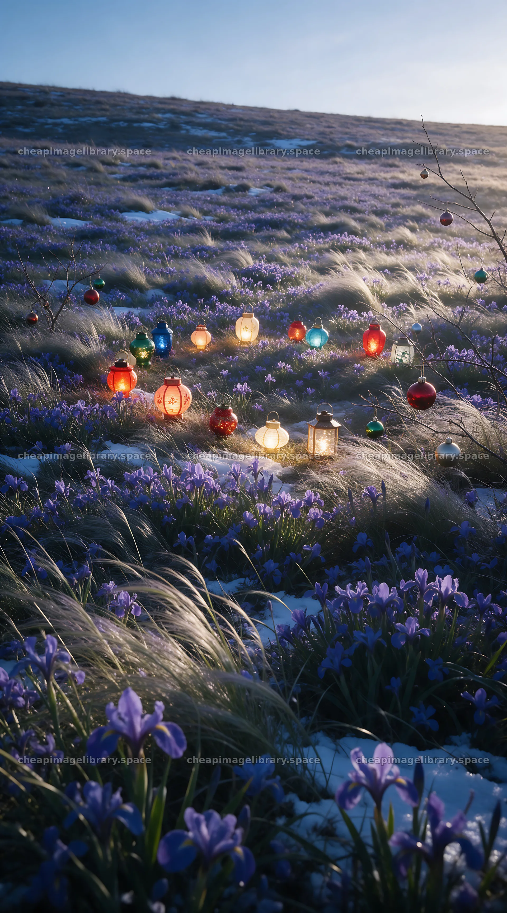 Vibrant Christmas lanterns in winter meadow with purple flowers – image library 5916x10648