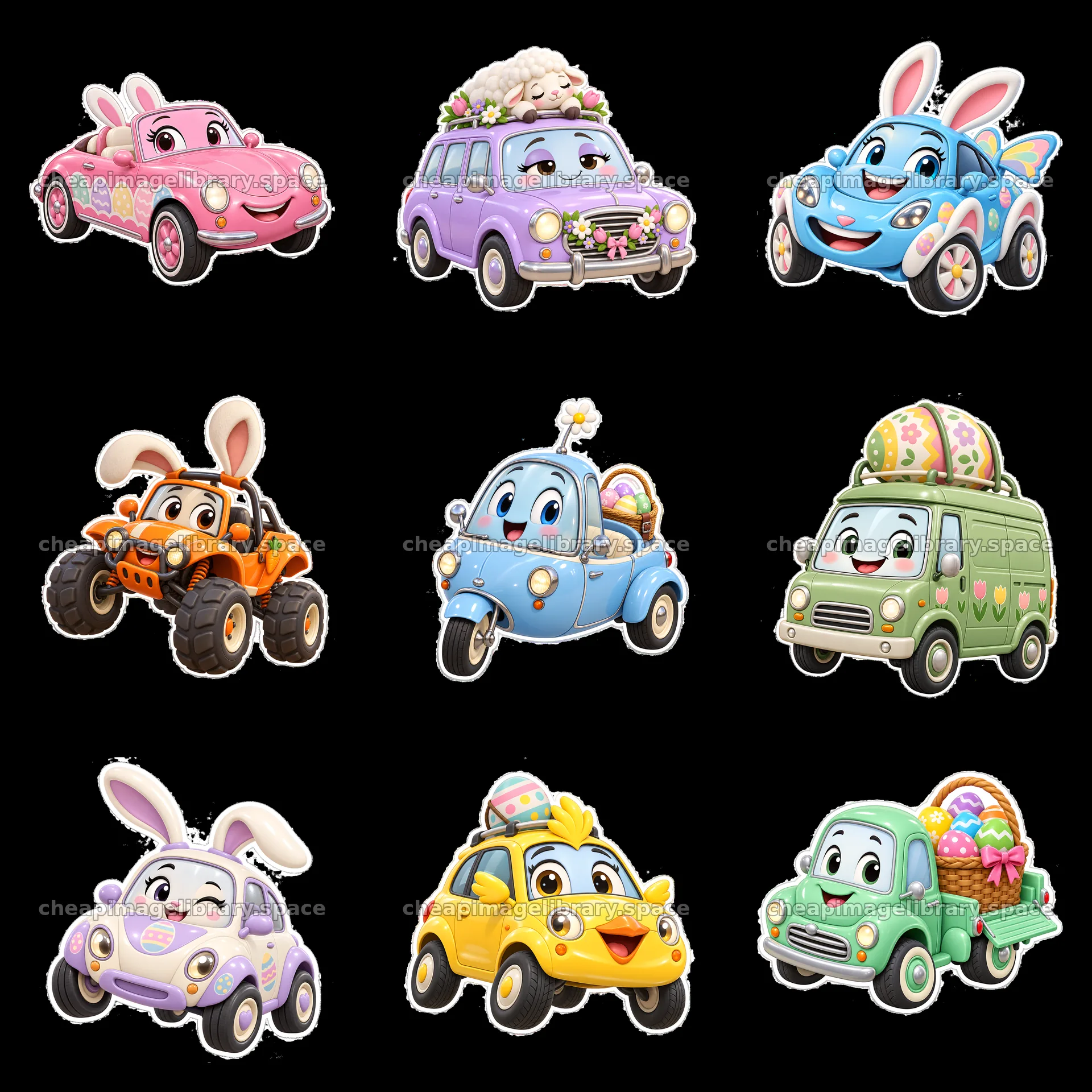 Colorful Easter-themed cars with cute animal designs in grid – image library 7746x7746