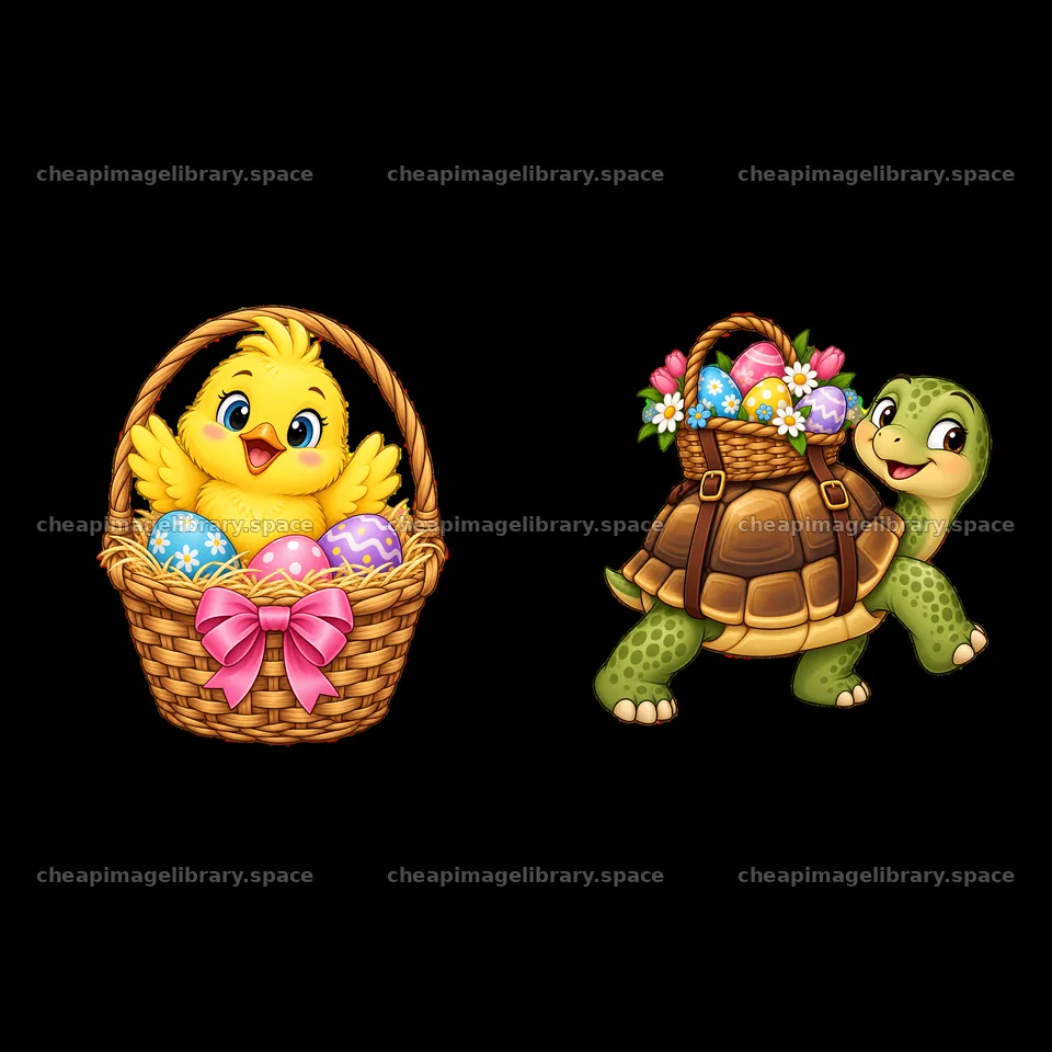 Cute chick in basket and turtle carrying Easter eggs – image library 7746x7746