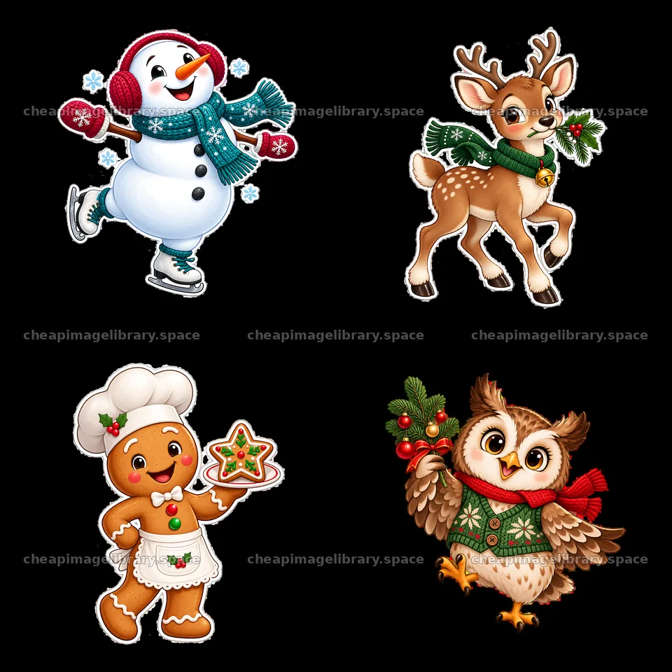 Christmas cartoon characters in a 2x2 layout with festive themes – image library 7746x7746