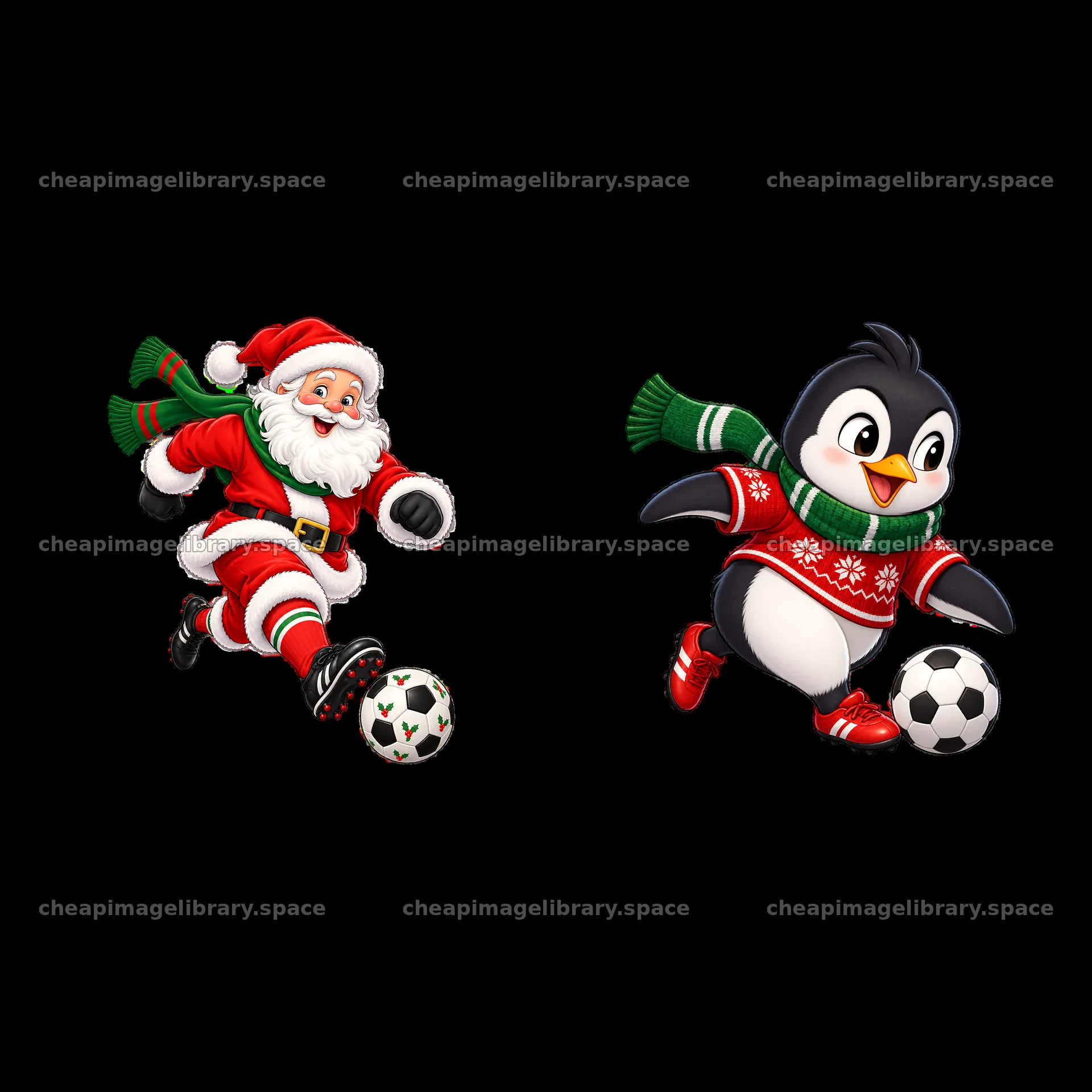 Santa Claus and penguin playing soccer for Christmas fun – image library 7746x7746