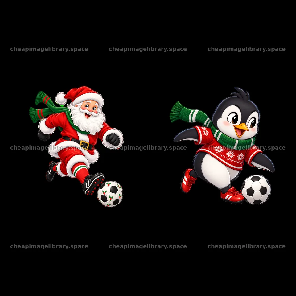 Santa Claus and penguin playing soccer for Christmas fun – image library 7746x7746