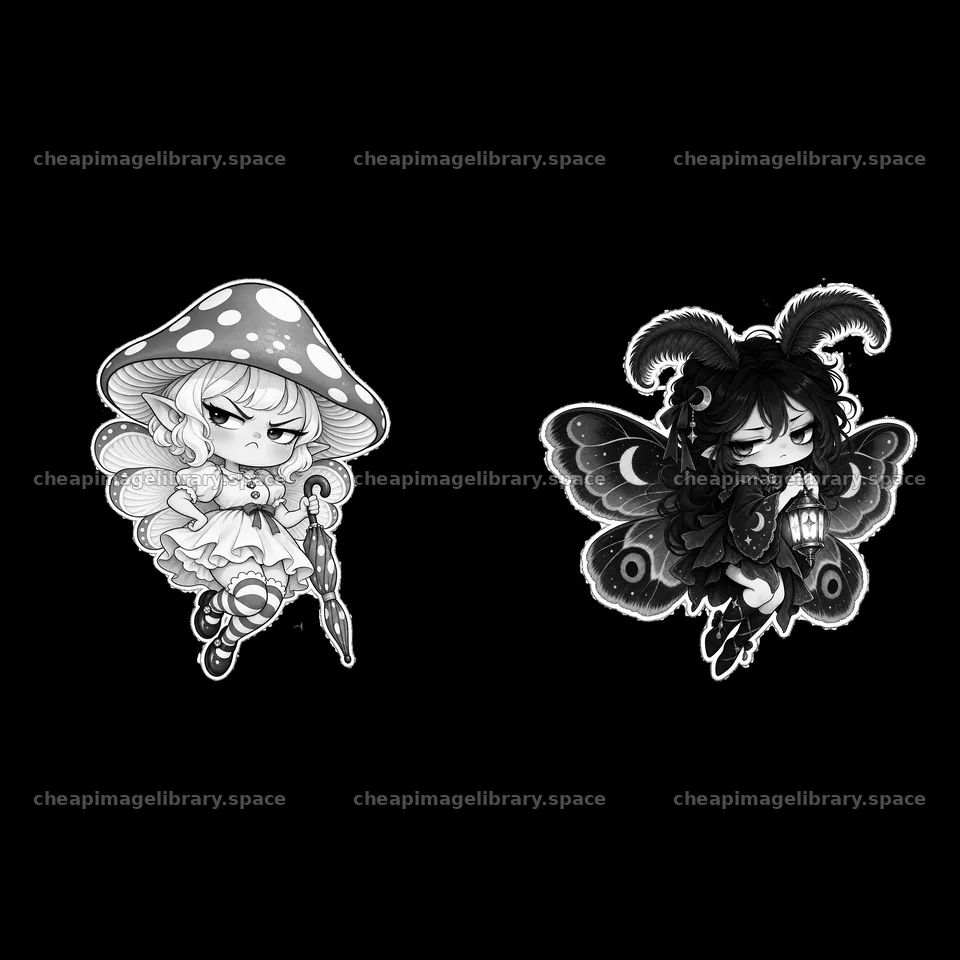 Kawaii grumpy fairy cartoon sticker illustration pair – image library 7746x7746