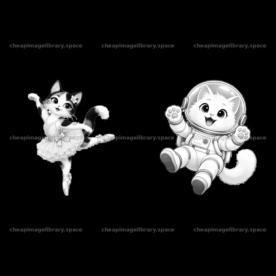 Ballet cat and astronaut cat in a playful cartoon design – image library 7746x7746