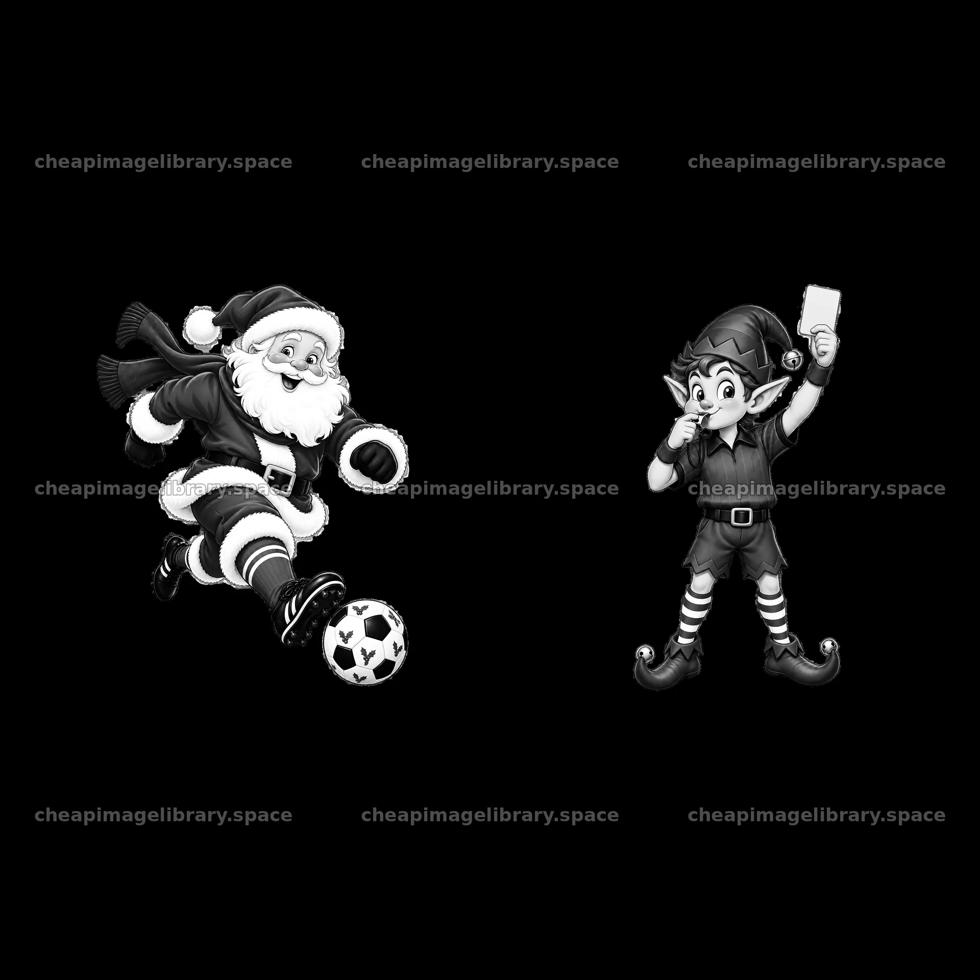Santa plays soccer with an elf holding a card – image library 7746x7746