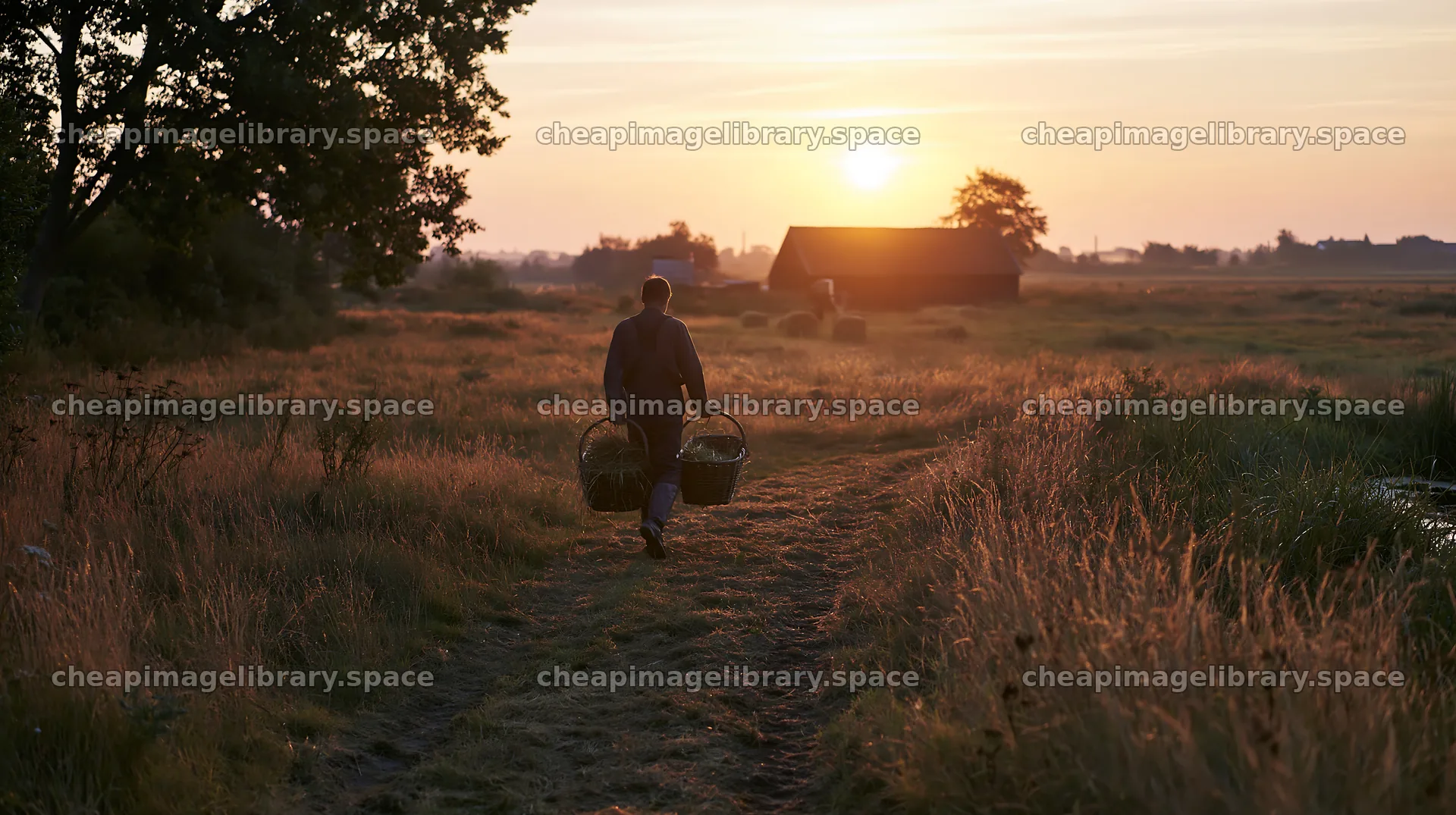 Meadow sunrise with person carrying baskets at dawn – image library 10608x5938