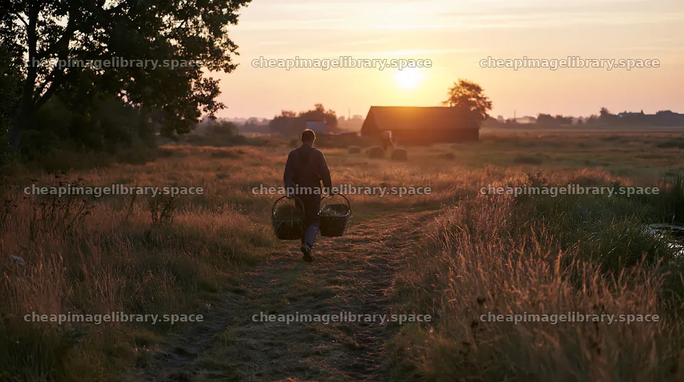 Meadow sunrise with person carrying baskets at dawn – image library 10608x5938