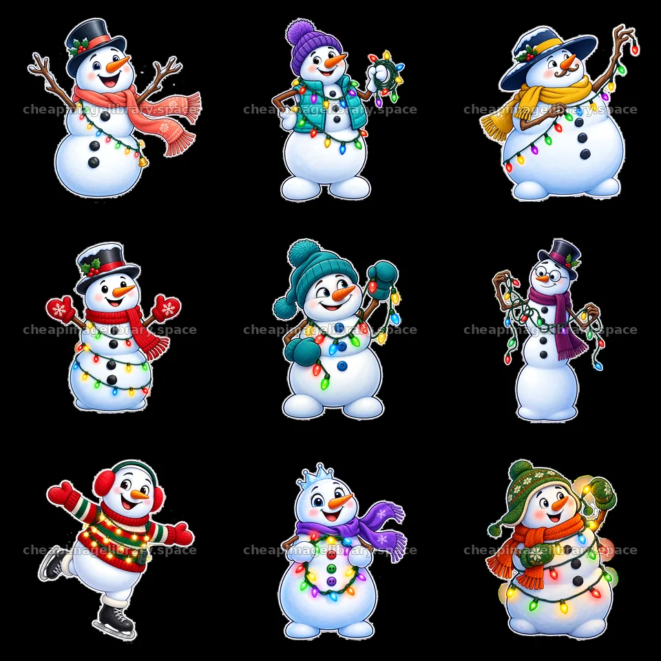 Snowmen with string lights in various poses and colorful attire – image library 7746x7746