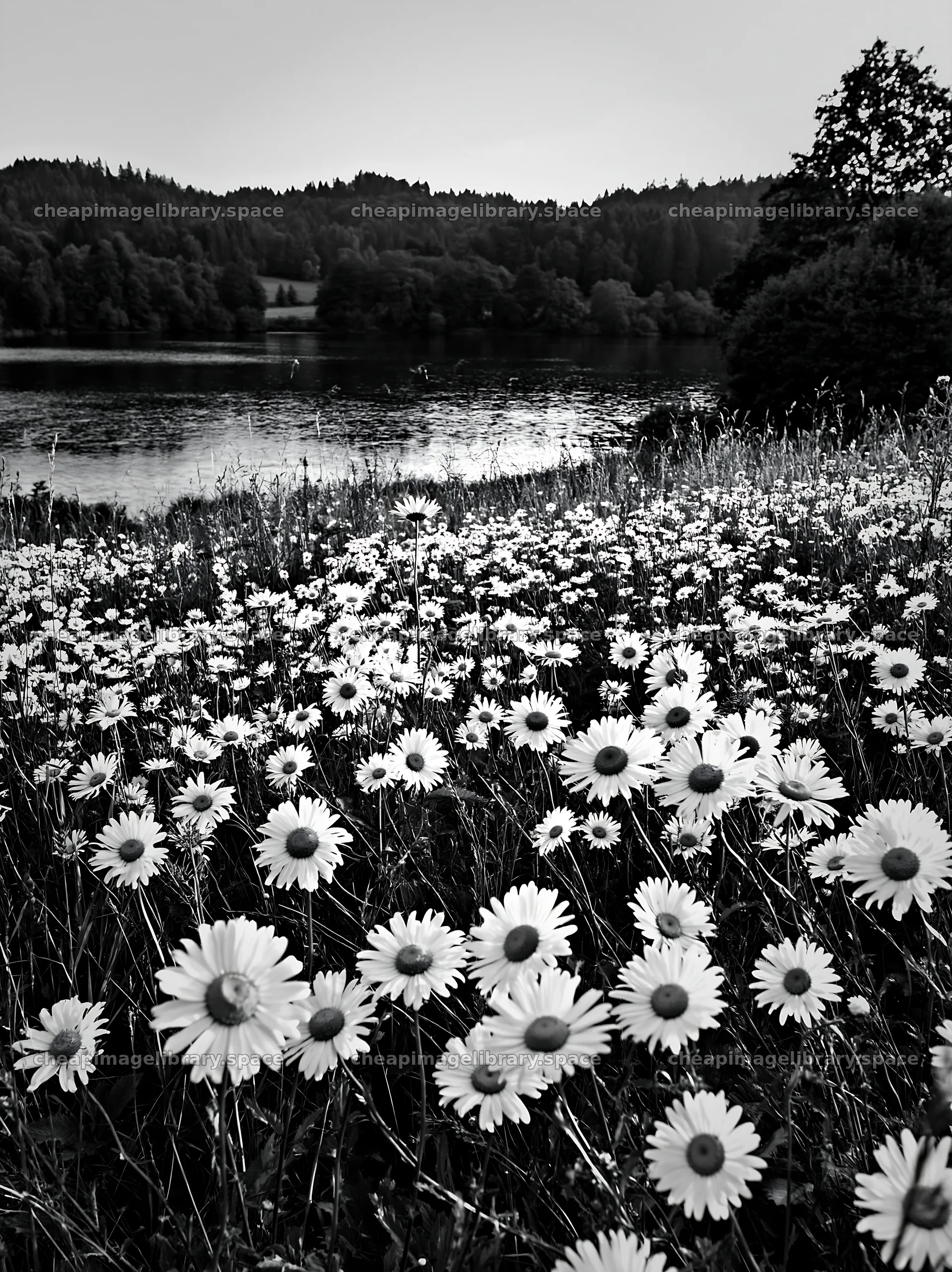 Lakeside meadow with daisies near a German lake – image library 6866x9174