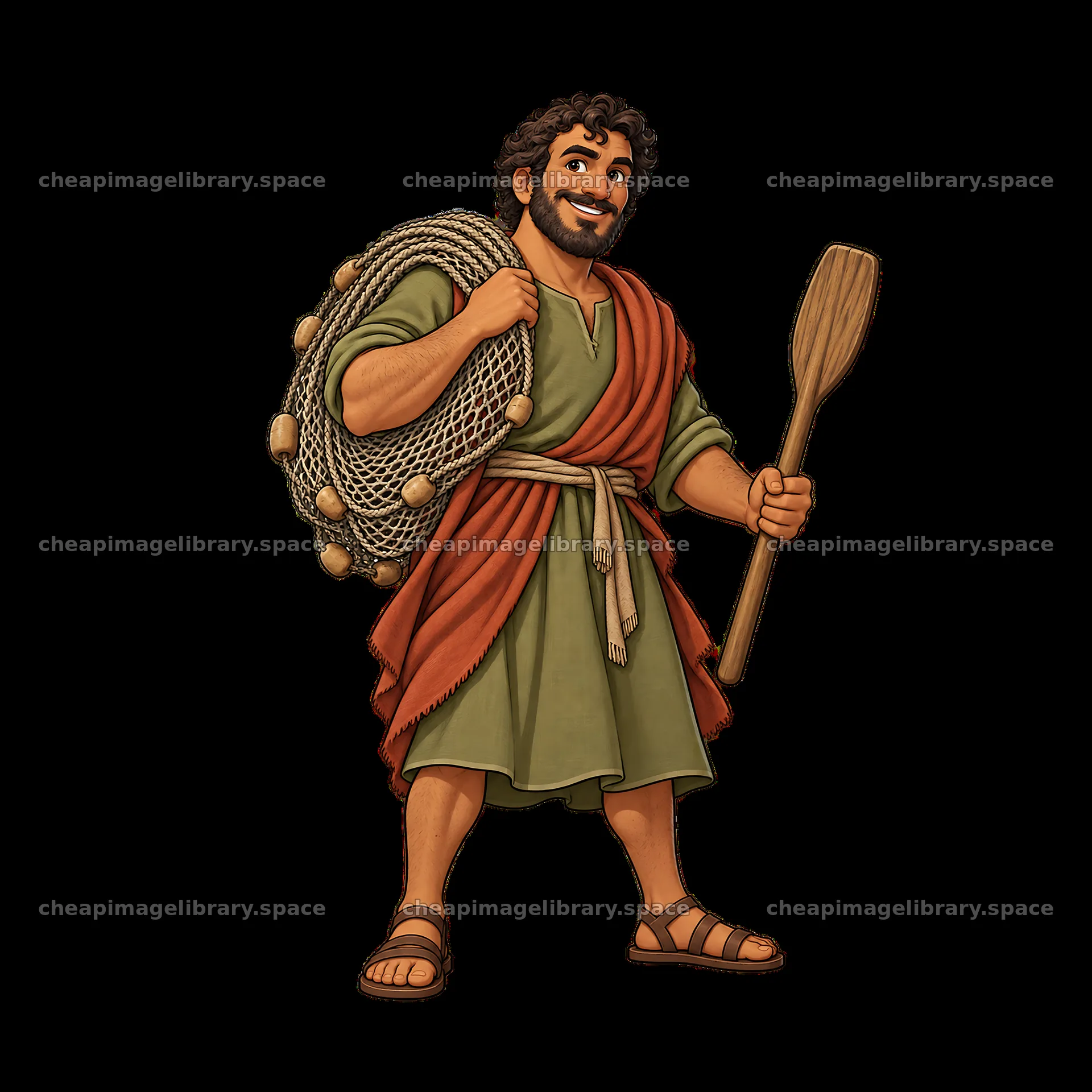 Jesus with fishing net and paddle, standing confidently – image library 7746x7746