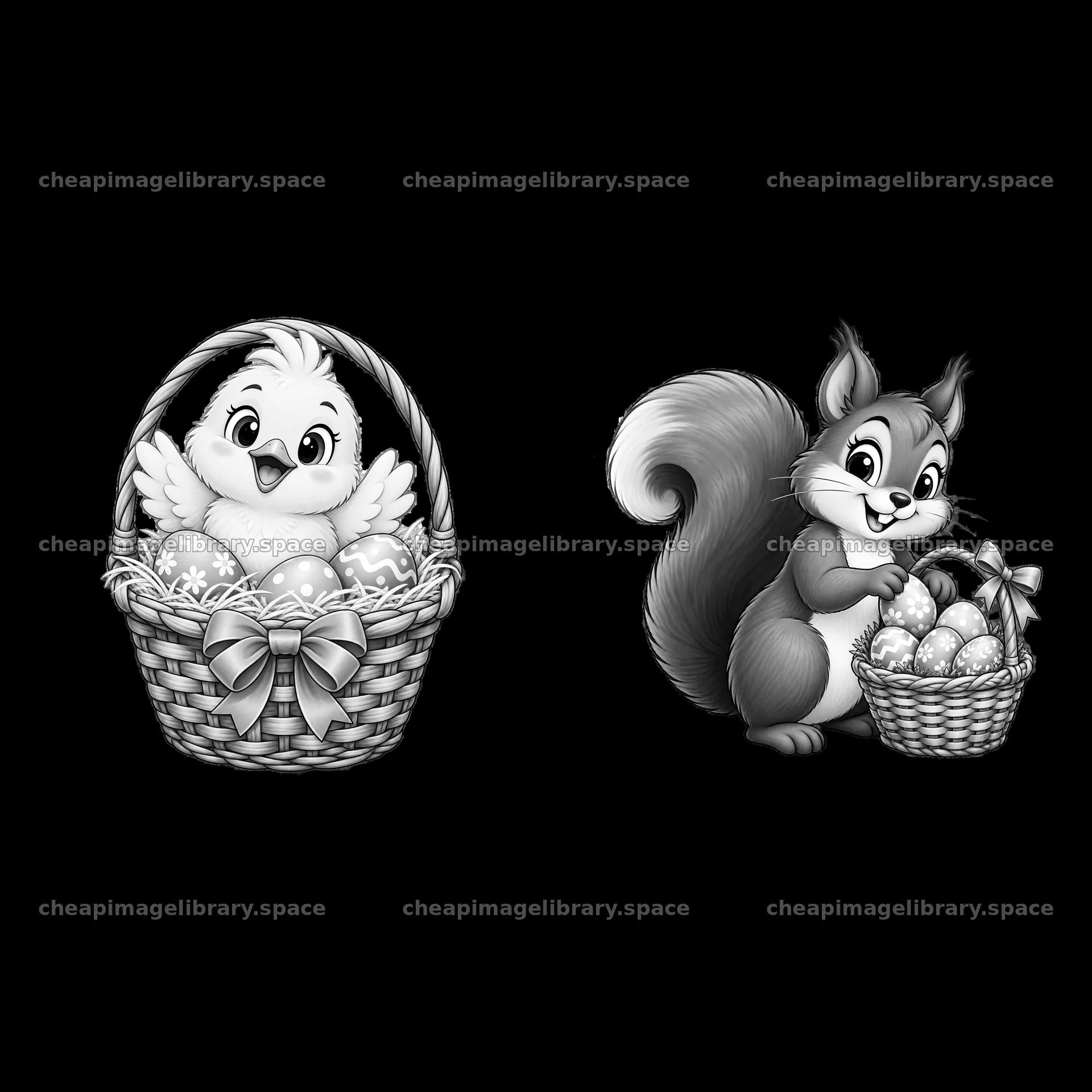 Chick and squirrel with Easter basket and eggs – image library 7746x7746