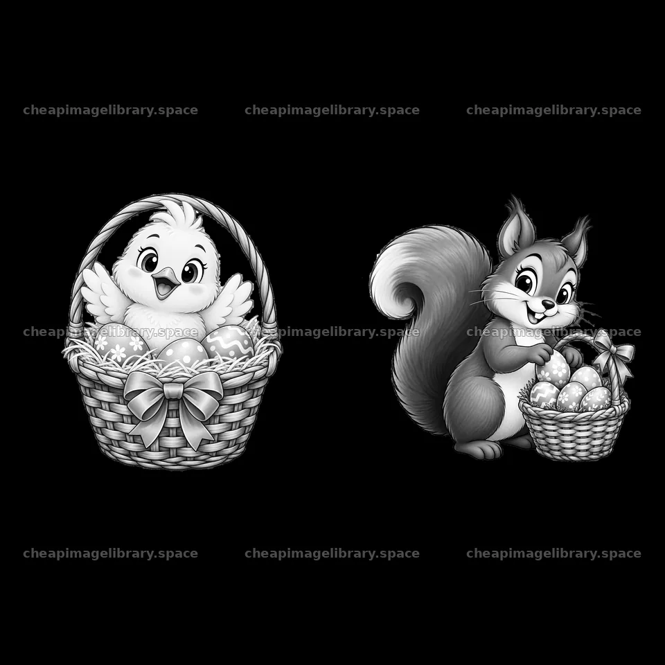 Chick and squirrel with Easter basket and eggs – image library 7746x7746