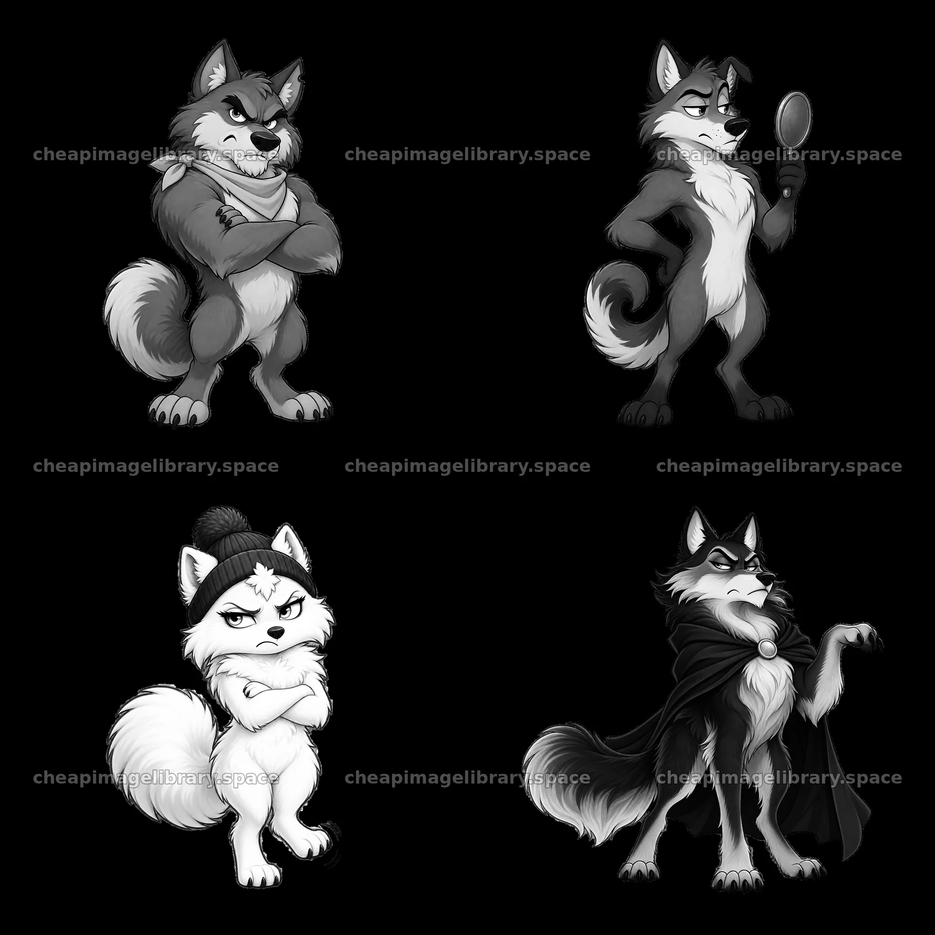 Grumpy wolf characters in various poses and outfits – image library 7746x7746