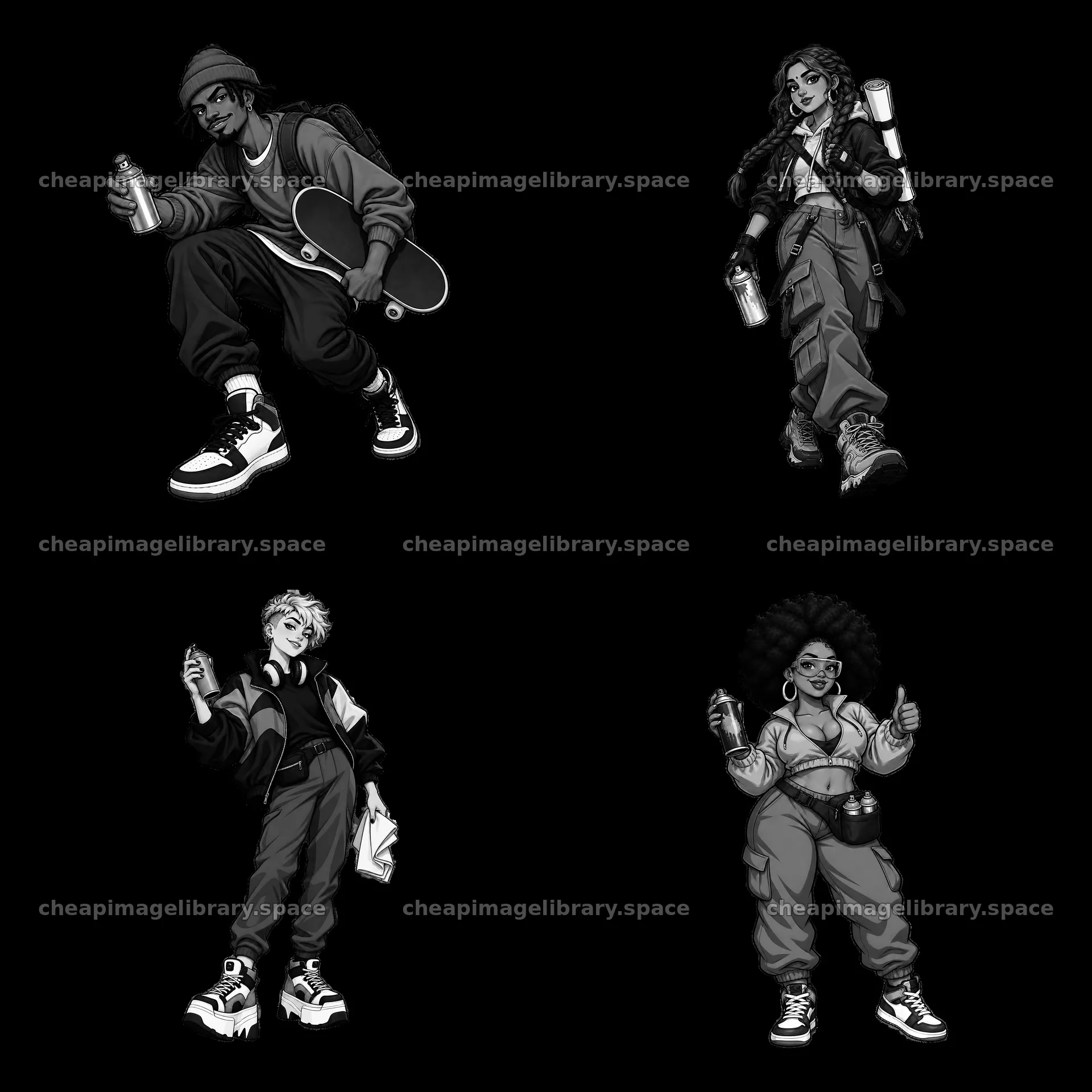 Black and white streetwear characters with spray cans – image library 7746x7746