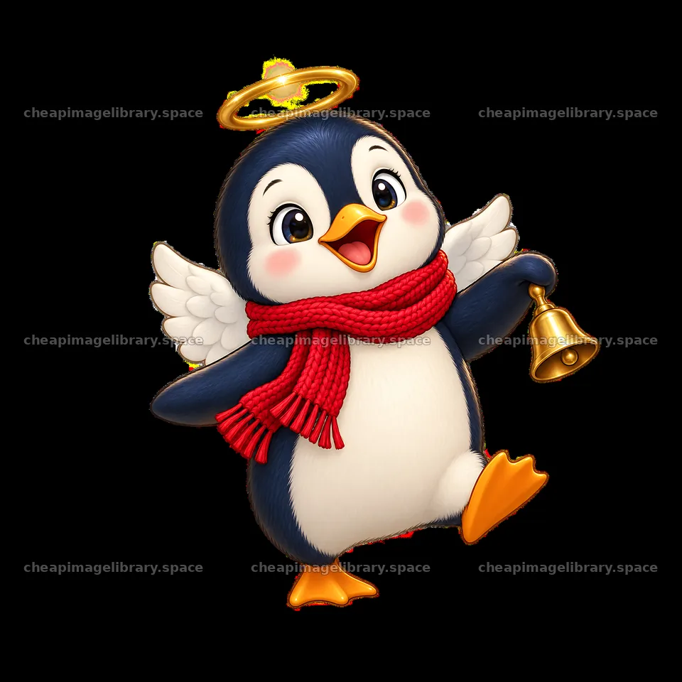 Christmas penguin angel with bell and red scarf – image library 7746x7746