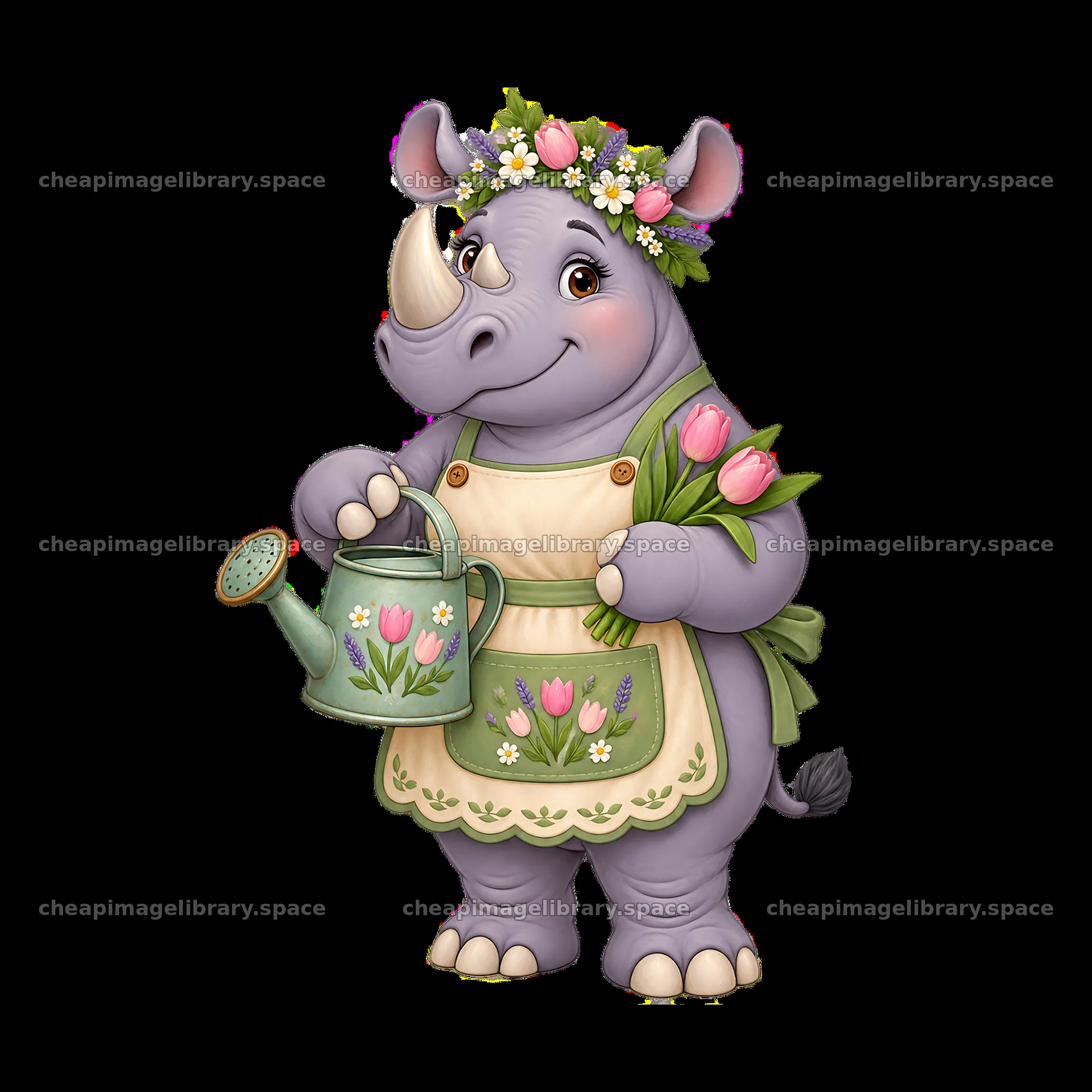 Rhinoceros character in apron holding flowers and watering can – image library 7746x7746