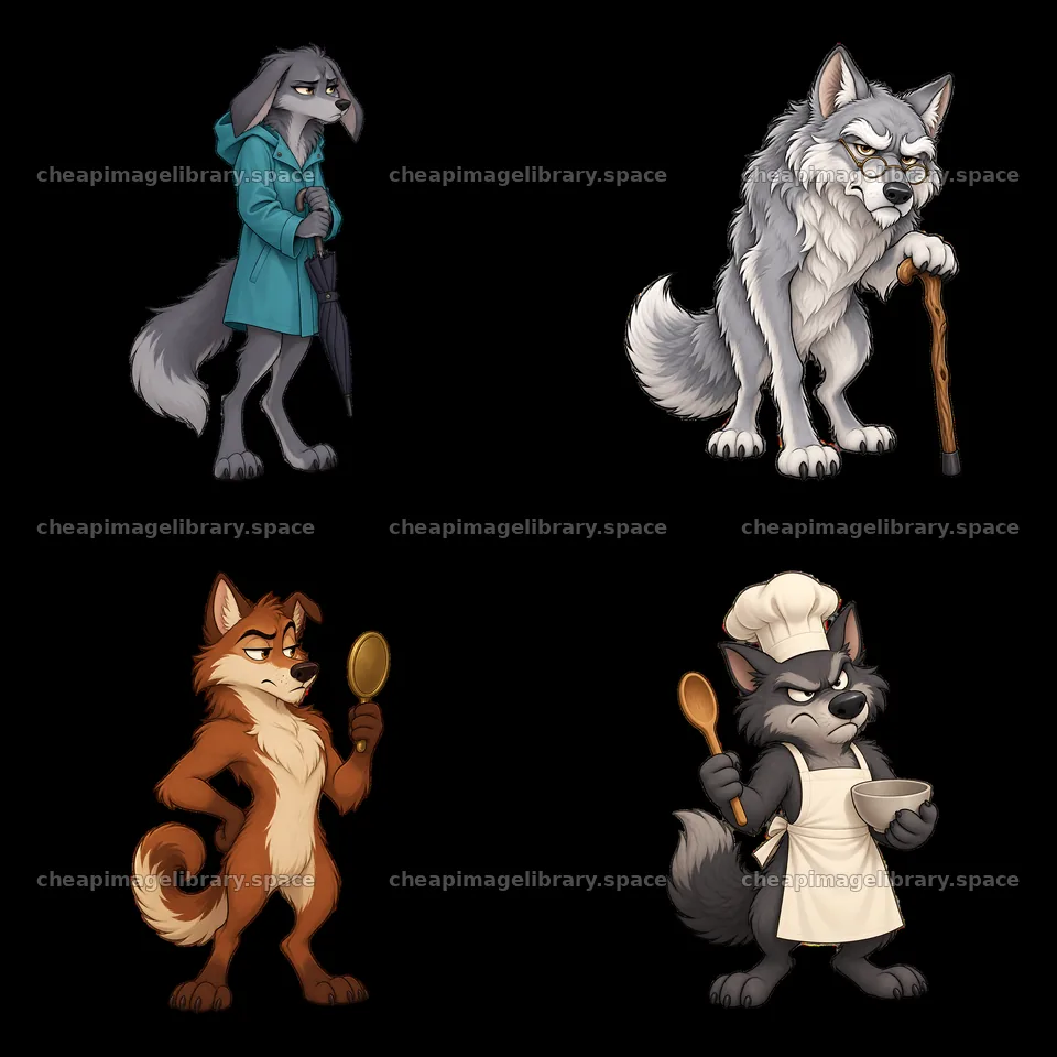 Grumpy cartoon wolves with various expressions and accessories – image library 7746x7746