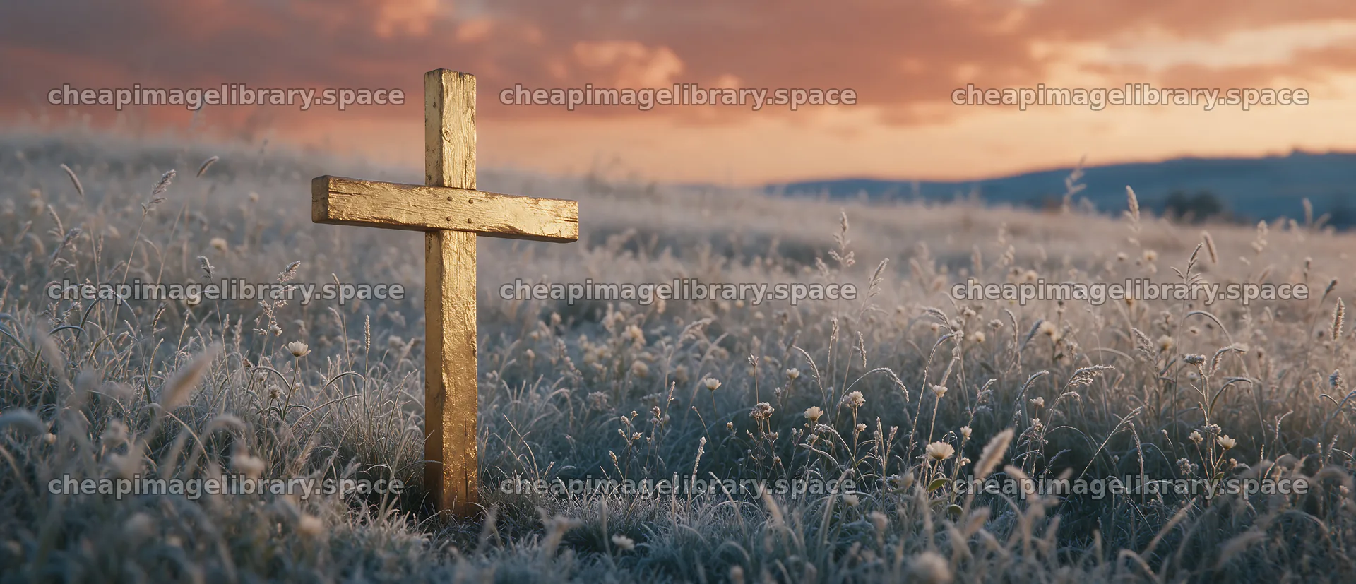 Golden Christian cross in sunset meadow – image library 12094x5210