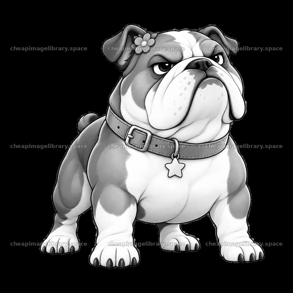 Kawaii grumpy dog with a bow and star charm collar – image library 7746x7746