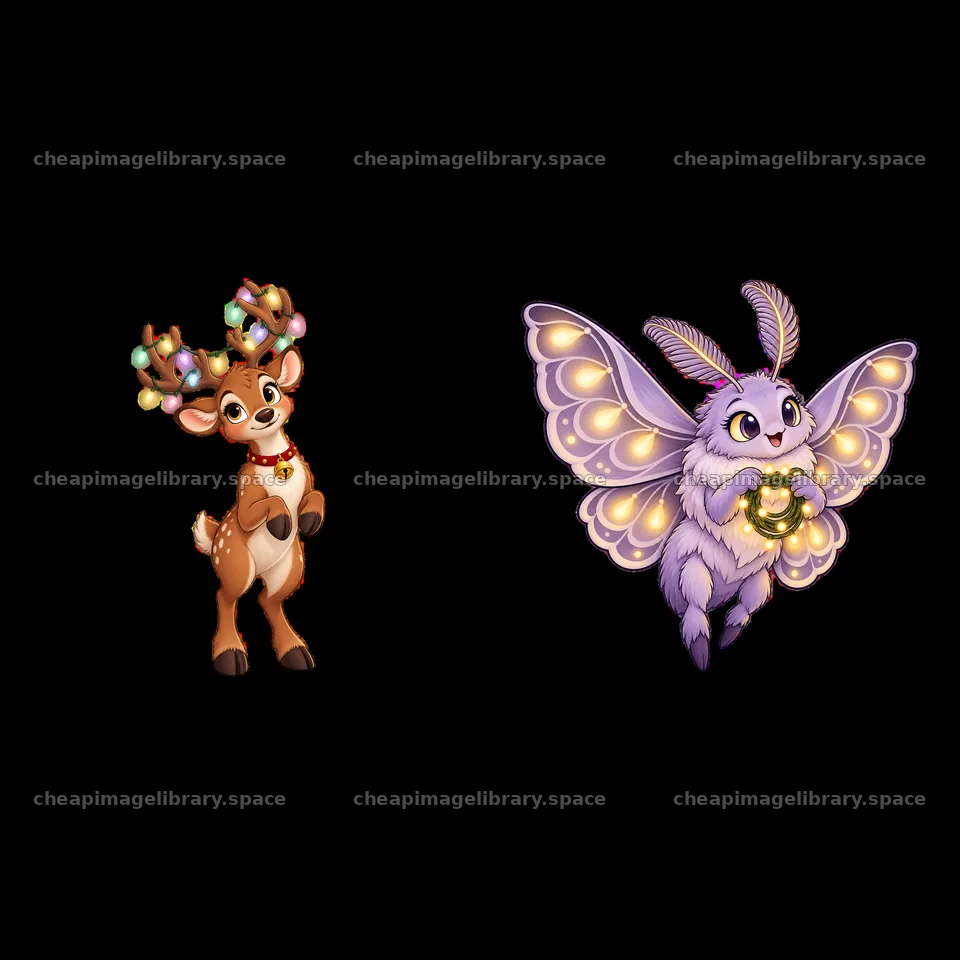 Reindeer and glowing moth cartoon sticker pair – image library 7746x7746