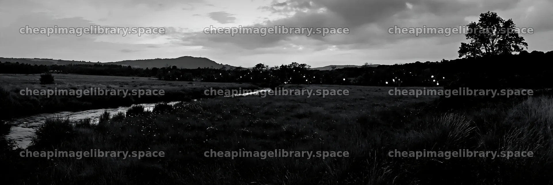 Christmas lights beside stream in meadow at dusk – image library 13690x4602