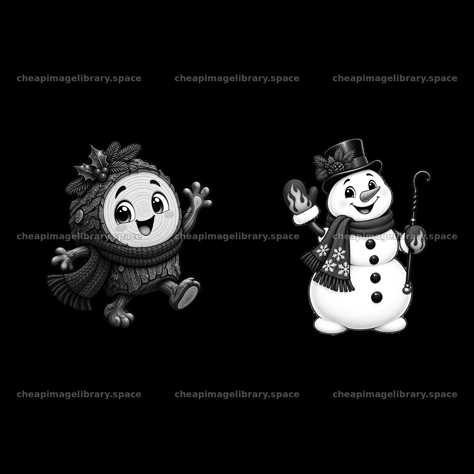 Cheerful cartoon log character and snowman by a fireplace – image library 7746x7746