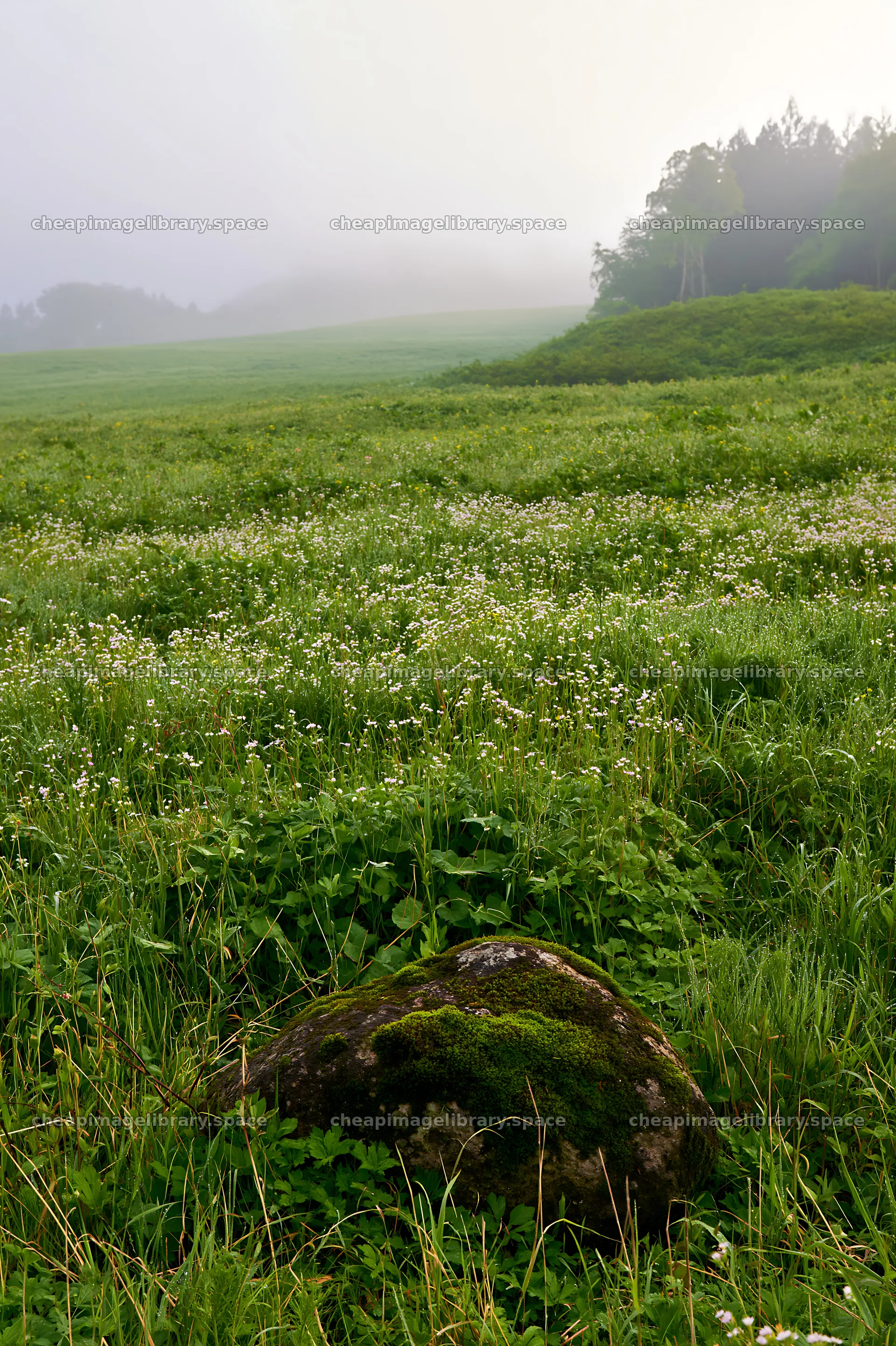 Miyagi spring recovery meadow mossy stone in lush landscape – image library 6480x9722