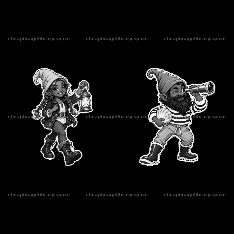 Gnome characters holding a lantern and looking through a telescope – image library 7746x7746