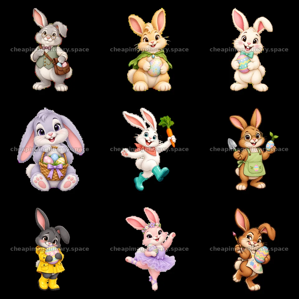 Easter bunnies with eggs and accessories in a 3x3 grid layout – image library 7746x7746