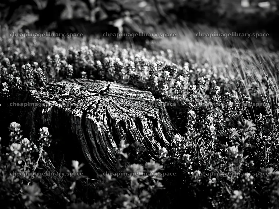 Weathered log surrounded by wildflowers in a meadow – image library 9174x6866