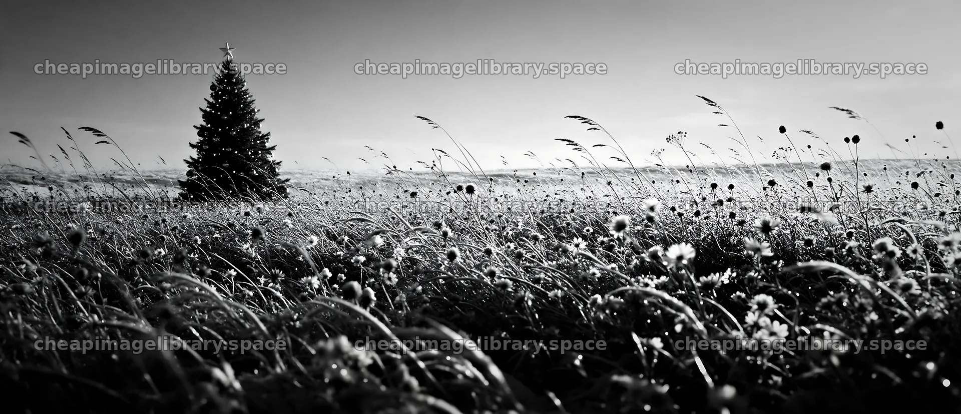 Vibrant Christmas tree in winter meadow with tall grasses – image library 12094x5210