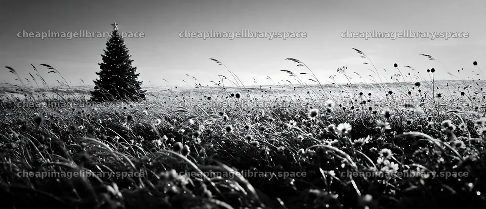 Vibrant Christmas tree in winter meadow with tall grasses – image library 12094x5210
