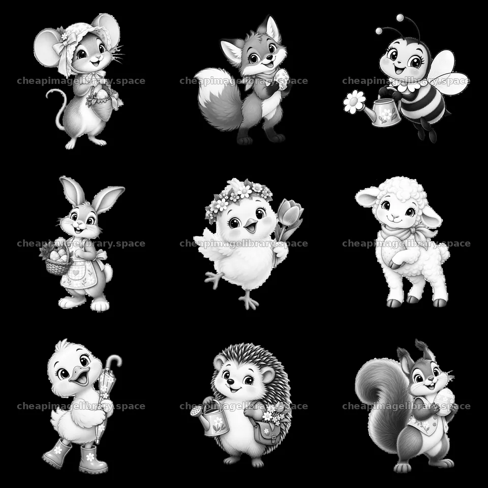 Easter meadow cartoon animals with baskets, flowers and gifts – image library 7746x7746