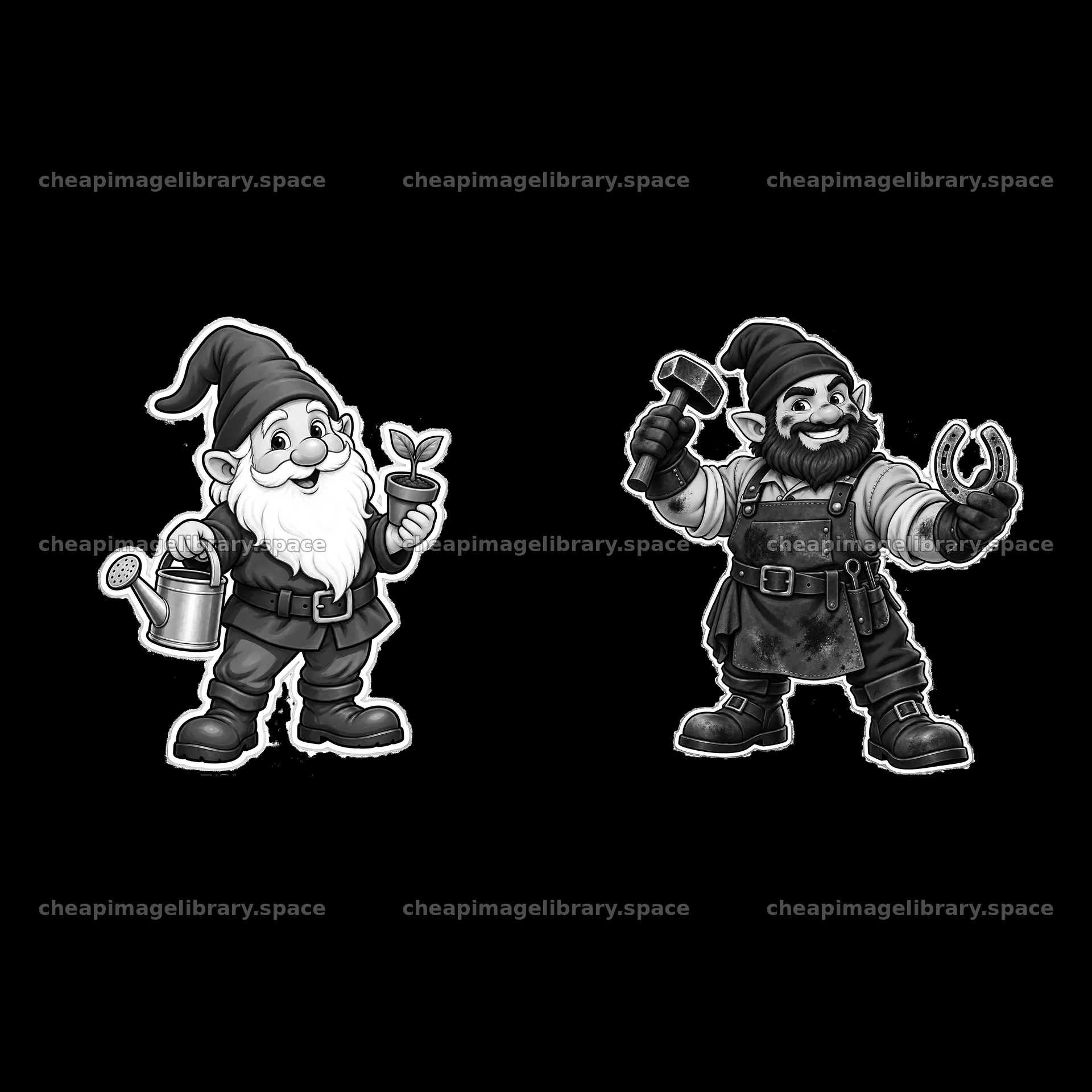 Gnomes with watering can and hammer in cartoon sticker style – image library 7746x7746