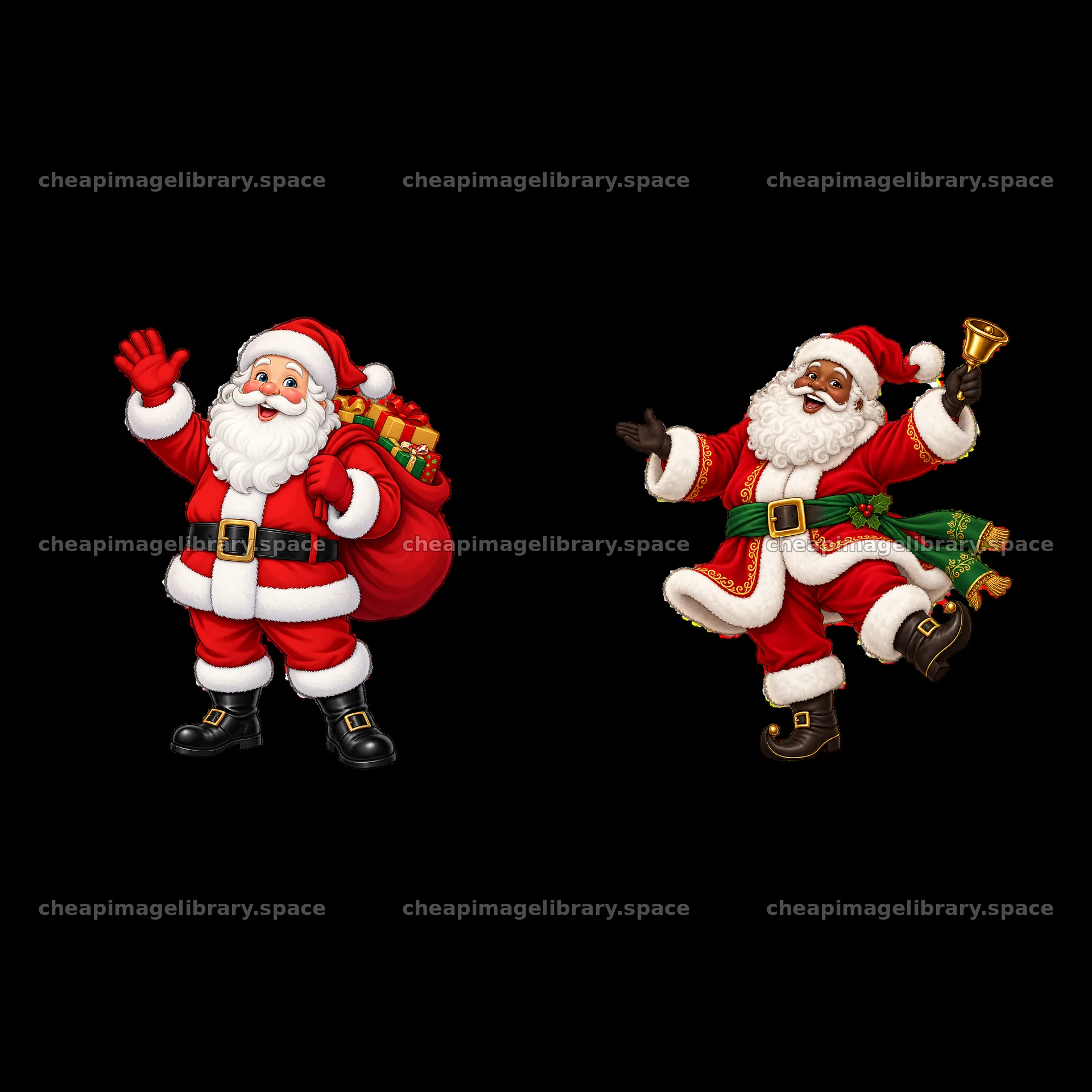 Santa Claus with gifts and Santa Claus celebrating with a bell – image library 7746x7746