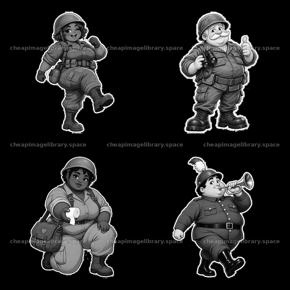 Chubby cartoon soldiers in playful poses on a transparent background – image library 7746x7746
