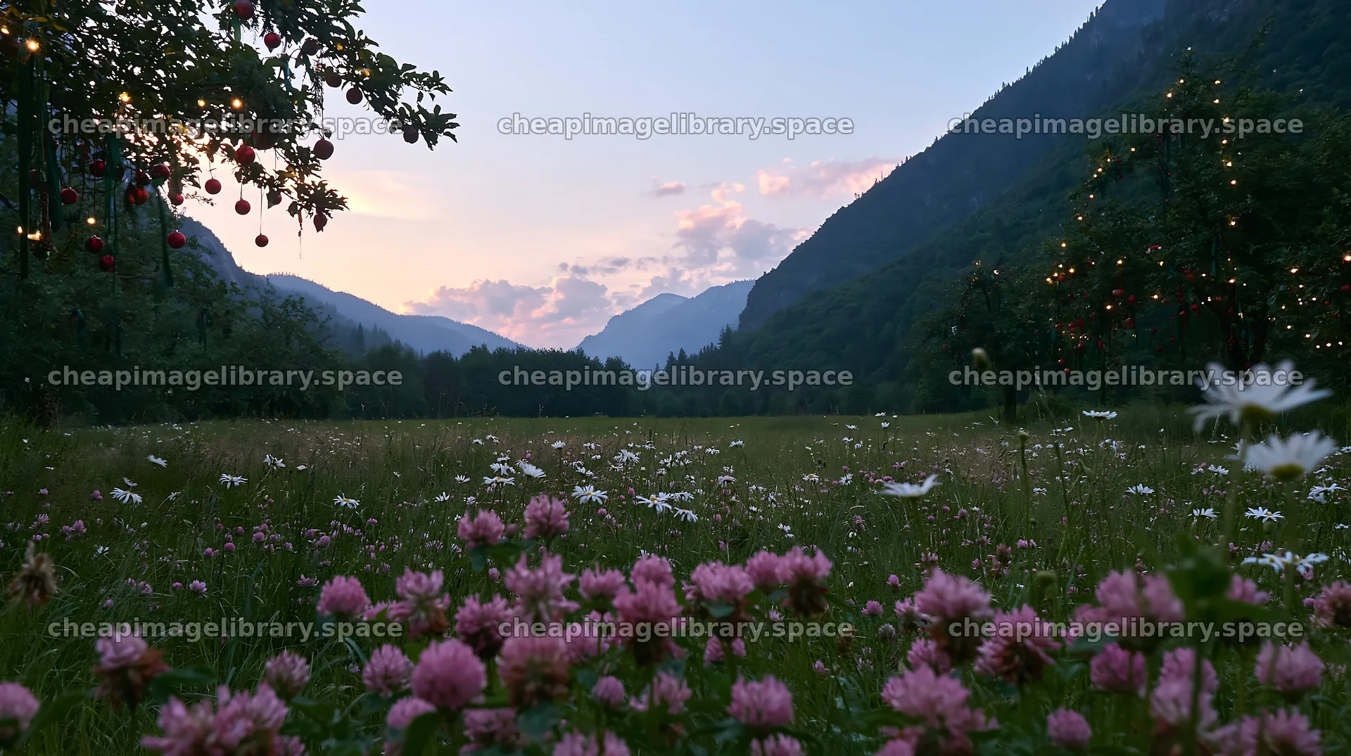 Yosemite meadow with flowers and apple tree at Christmas time – image library 10608x5938