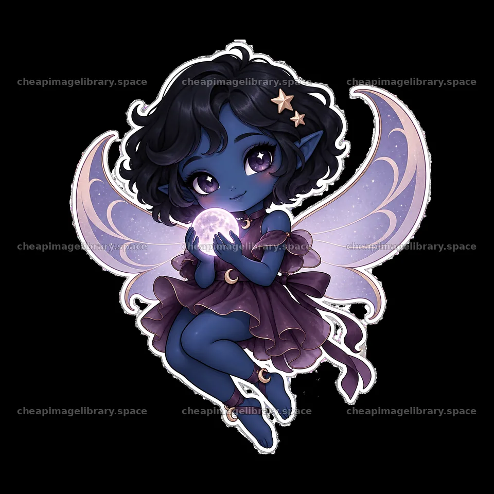 Kawaii chubby fairy holding a glowing orb in a purple dress – image library 7746x7746