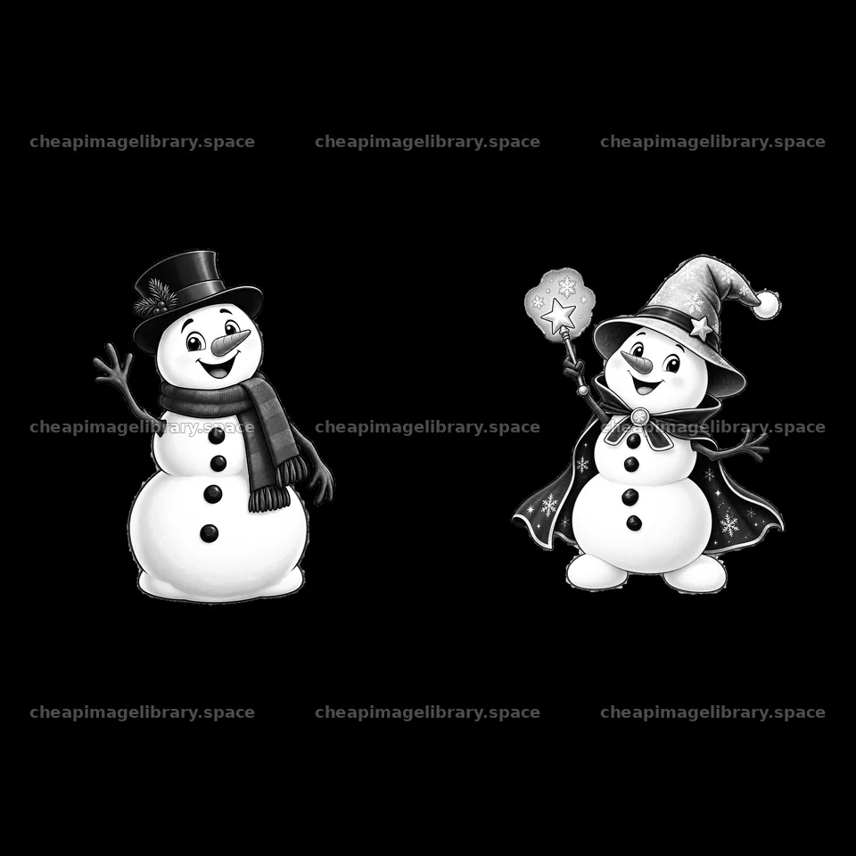 Joyful snowman duo waving and casting magic during Christmas – image library 7746x7746