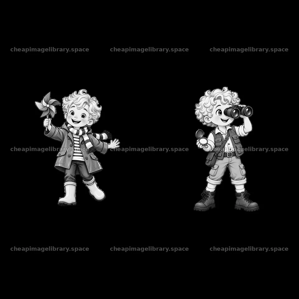 Blond child with a pinwheel and binoculars in black and white – image library 7746x7746